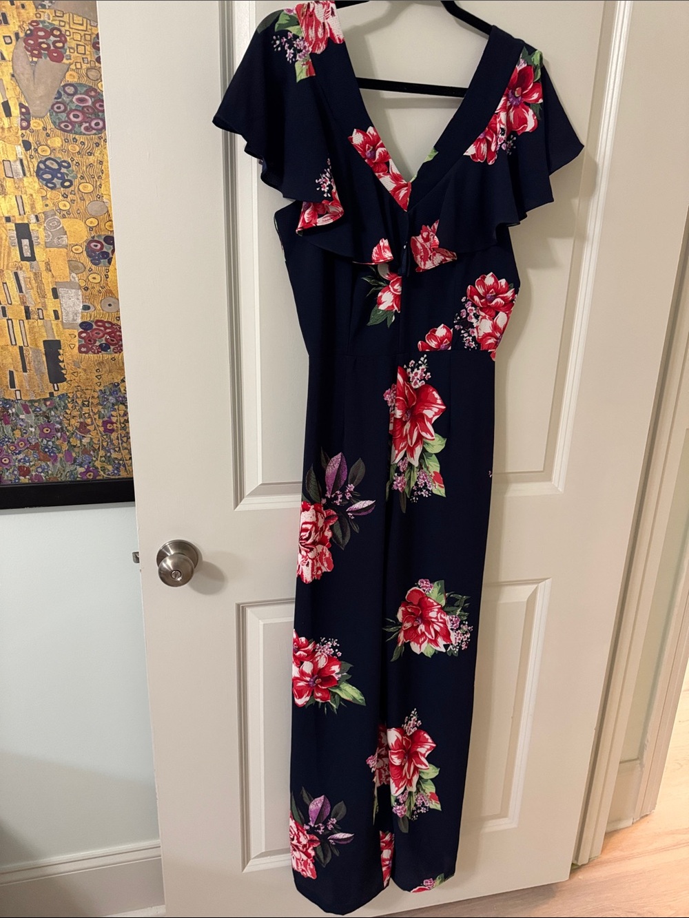 Leslie Fay Navy Floral Jumpsuit with Pink Flowers